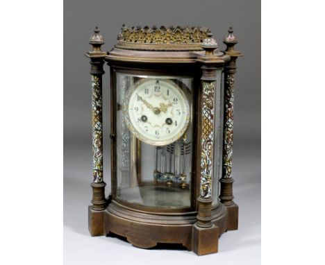 A late 19th Century French gilt brass and champleve enamel "Four Glass" mantel clock by S. Marti, No. 684848, the 3.5ins diam