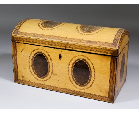 A George III satinwood rectangular domed top three division tea caddy inlaid with amboyna oval panels and stringings, 12ins x