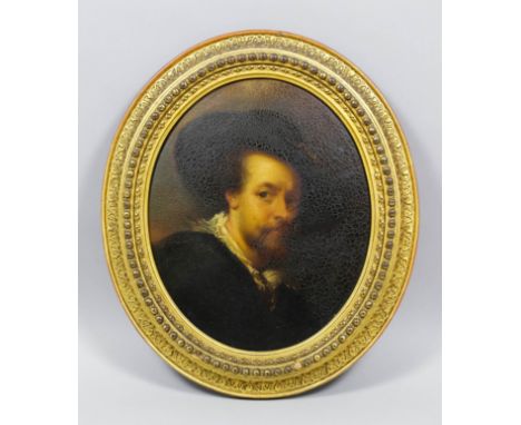 19th Century School - Oil painting - Shoulder length portrait of a man in 17th Century dress with wide brimmed hat, oval boar