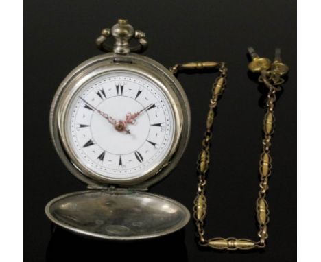 A Victorian gentleman's silver full hunting cased pocket watch, the 42mm white enamel dial with Turkish numerals and gold han