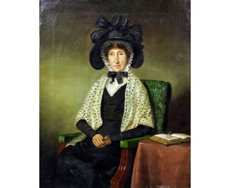 Late 18th/early 19th Century School - Oil painting - Three quarters portrait of a seated elderly lady in mourning, canvas 14.