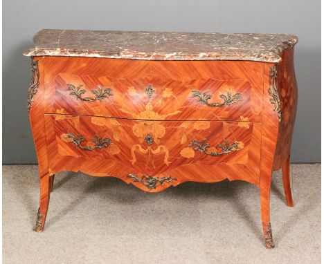 A late 19th/early 20th Century inlaid kingwood and bronzed metal mounted bombe shaped commode with red veined marble slab to 