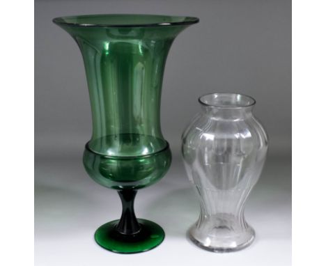 A 19th Century green glass vase of "Campana" form, 13.75ins diameter x 23.25ins high, and a 19th Century panel cut clear glas