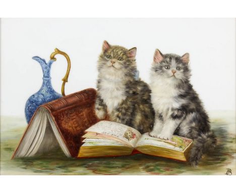 Bessie Bamber (fl. 1880-1910) - Oil painting - Two kittens with books and jug, ceramic panel 6.5ins x 9.75ins, monogrammed, i