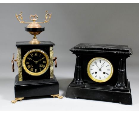 A late 19th/early 20th Century French gilt metal mounted black slate cased mantel clock, the dial with gilt Roman numerals to