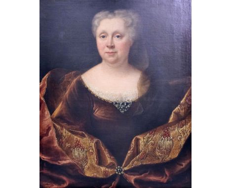 Late 18th/early 19th Century School - Oil painting - Half length portrait of a woman wearing a brown dress within elaborate s