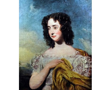 19th Century English School - Oil painting - Half length portrait of a young woman with a yellow scarf, canvas 30ins x 25.5in