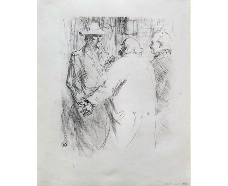 Henri de Toulouse Lautrec (1864-1901) - Black and white lithograph - Conversation between three men, 9.5ins x 7.5ins, monogra
