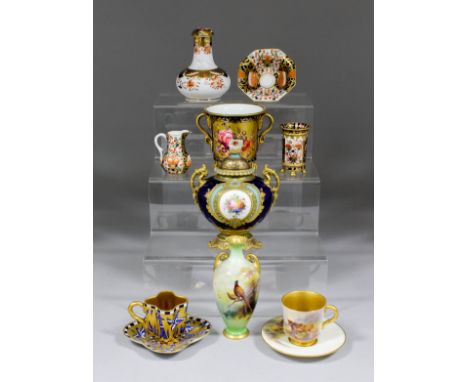 A Royal Worcester bone china miniature cup painted with Highland cattle by Harry Stinton (1915), a vase painted with pheasant