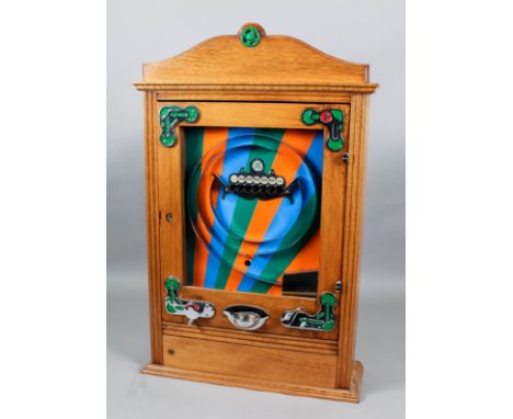 A 1950s Bryan's oak cased penny-in-the-slot "Five-Win" Alwin game, with orange, green and blue back panel, in modern replica 