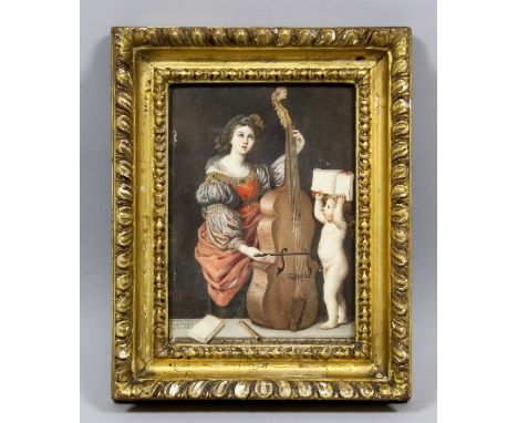 Orsola Urbani (18th Century) - Miniature portrait of a lady in elaborate Renaissance dress playing a violin, with a cherub lo