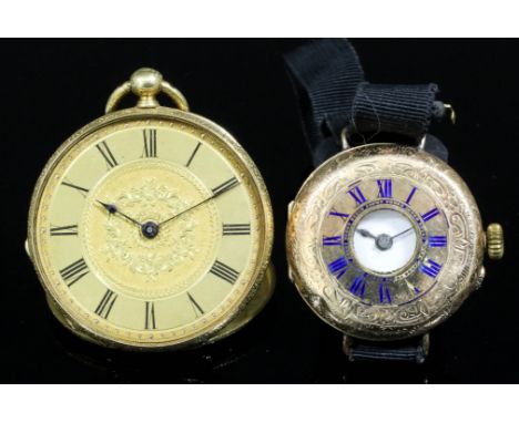 A late 19th Century lady's 18k gold cased open faced pocket watch by Moulinie, Geneva, No. 32702, the gilt dial with engraved