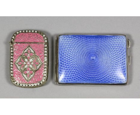A George V silver and blue enamel rectangular match book holder, the front with guilloche blue enamel, 52mm x 44mm, by A.C., 
