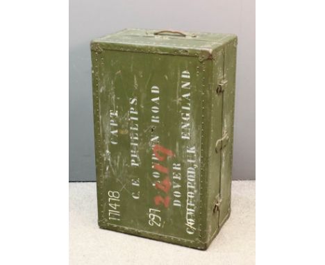 An early 20th Century gentleman's green painted travelling trunk, formerly the property of Captain C. E. Phillips, the lid st