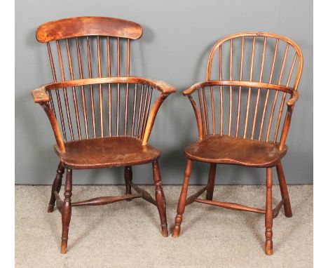 A 19th Century ash and elm two tier stick back armchair with plain crest rail and wood seat, on turned legs, and a similar di