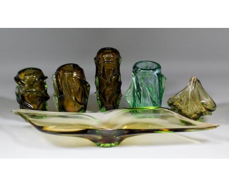 A 20th Century Italian green and brown tinted Art Glass bowl of shaped outline, 27ins x 6ins x 4ins high, four similar ditto 