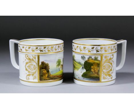 A pair of early 19th Century Derby porcelain mugs of cylindrical form, each painted with a landscape within a rectangular pan