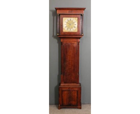 A late 18th Century oak longcase clock by Josiah Kember of Shaw, the 11ins square brass dial with wide silvered chapter ring 