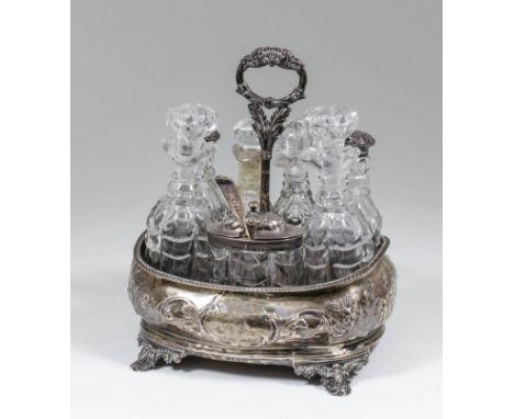 A Victorian silver rectangular cruet embossed with flowers and leaf scroll ornament, and with leaf cast loop handle, on panel