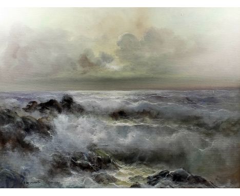 Adriano de Laurentis (born 1922) - Oil painting - Seascape with rocks, canvas 23.75ins x 31.75ins, signed, in gilt moulded fr