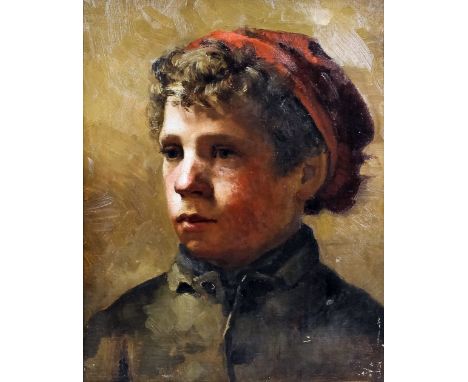 19th Century British School - Oil painting - Shoulder length portrait of a boy wearing a red cap, canvas 17ins x 14ins, in gi