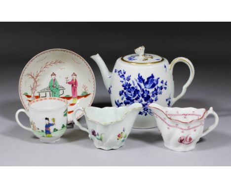 Five pieces of English 18th Century porcelain, comprising - Worcester low Chelsea ewer painted with coloured sprays of flower