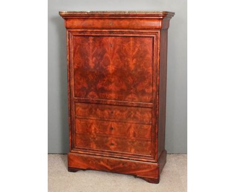 A 19th Century French mahogany Secretaire a Abattant of Empire design the grey veined marble slab to top with reeded edge, fi