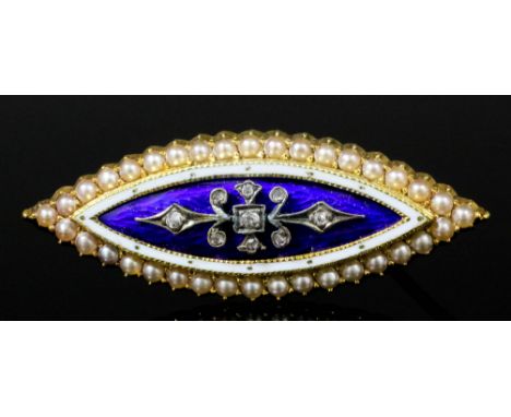 A Victorian gold coloured metal mounted blue and white enamel diamond and seed pearl set oval pattern brooch, the central roy