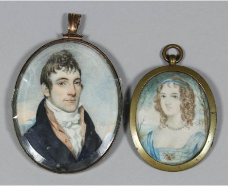 Late 18th Century English School - Miniature shoulder-length portrait of a gentleman wearing a blue coat and white cravat, ov