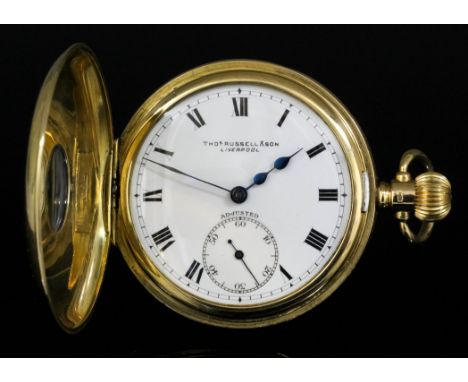 A gentleman's 18ct gold half hunting cased keyless pocket watch with Swiss movement, retailed by Thomas & Son, Liverpool, No.