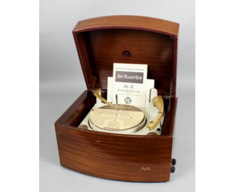 A 1950s Pye "Black Box" four speed record player in mahogany bow-fronted case, 17ins wide x 14ins deep x 11.5ins high (as new