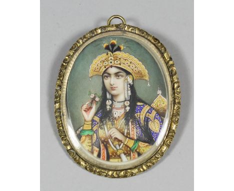 19th Century Indian School - Miniature half length portrait of an Indian courtesan or princess wearing elaborate mogul gold a
