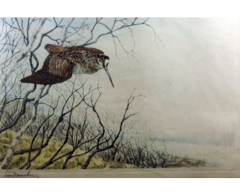 Leon Danchin (1887-1938) - Coloured lithograph - Woodcock in flight, 15.5ins x 23.5ins, signed in pencil and No. 178 of editi