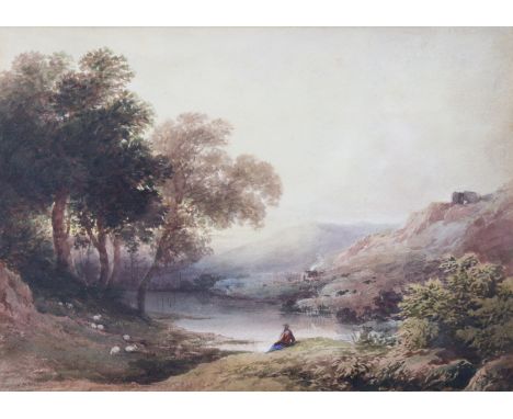 EDMUND MARRINER GILL (1820-1894).  A highland scene with shepherd &amp; flock to the fore, signed: “E. M. Gill” lower left, w