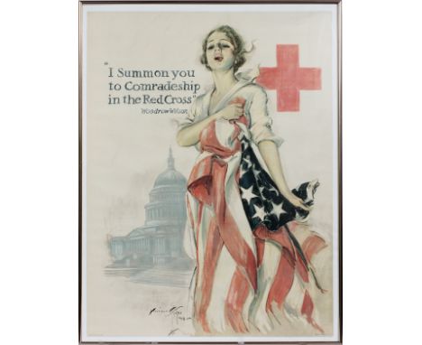 HARRISON FISHER, (AMERICAN), WWI RED CROSS RECRUITMENT POSTER, 1918, H 42", W 32", "I SUMMON YOU TO COMRADESHIP IN THE RED CR