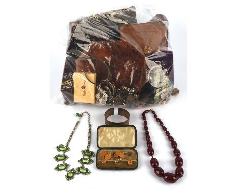 Vintage and Antique costume jewellery and boxes, including Bakelight graduated oval beaded necklace, a war doll keepsake, a h