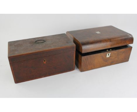 A George III early 19th century burr yew wood tea caddy, of rectangular form, 30.5cm wide and a Victorian figured walnut writ
