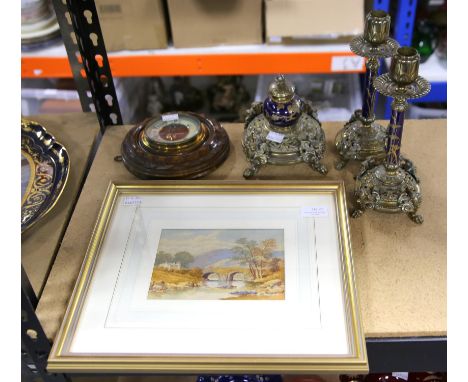 A Victorian style brass and porcelain inkwell with matching candlestick garnitures, 14cm high, a walnut cased circular wall b