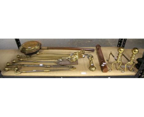 A set of three Georgian steel and brass mounted fire tools, shovel 66cm, a set of three Victorian brass fire tools, brass fir