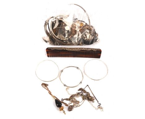 A group of silver costume jewellery, including bangles, necklaces cufflinks and rings with a Noah's ark design bracelet measu