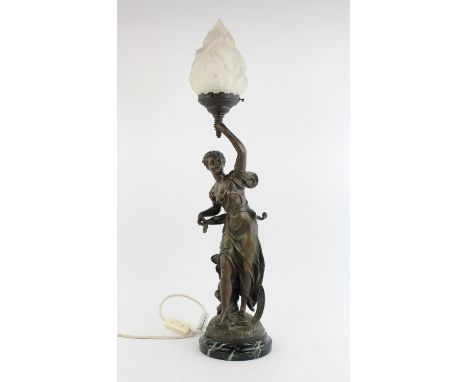 After Emile Bruchon 1880 - 1910 `Larc en Ciel` patinated spelter lamp with frosted glass "torch" shade, H70cm together with a