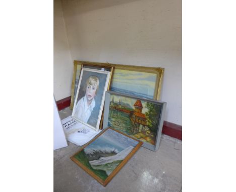 Two oil paintings, marine landscape and another landscape,  seascape print and a framed white heather from the christening of