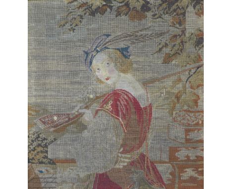 A 19th Century French woolwork tapestry, huntsman, framed