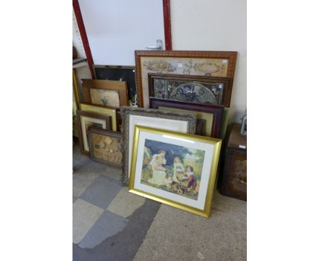 Three pastel and oil paintings of dogs, a Chinese chinoiserie panel, assorted prints including Arthur Sarnoff, etc.