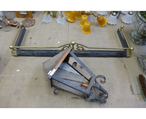 A copper lantern (lacking glass panel) and a 19th Century brass and steel fender