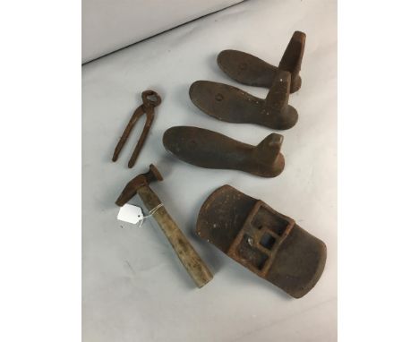 COBBLER'S LAST, along with a collection of cobbler's tools including vintage nail tins