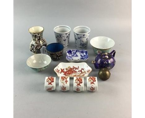 FOUR CROWN STAFFORDSHIRE RANGOON PATTERN NAPKIN RINGS AND DISH, along with Chinese ceramic bowls, cloisonne miniature tea pot