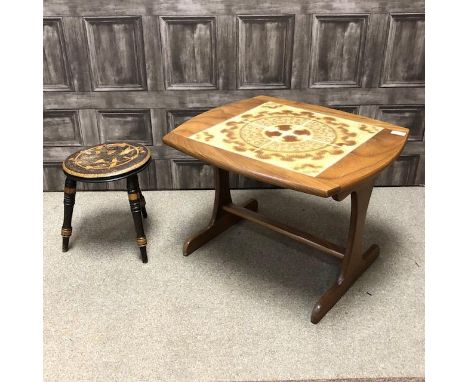 20TH CENTURY POKERWORK STOOL, decorated with thistles, 32cm high, along with a tile topped occasional table (2)