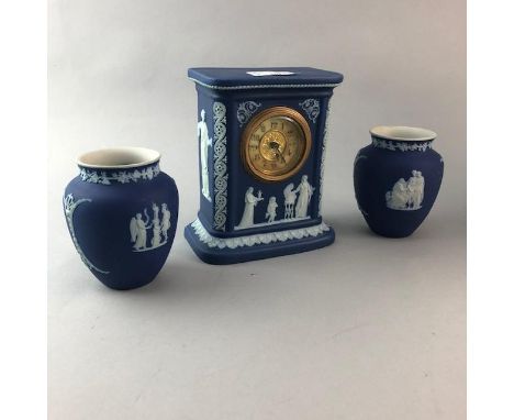 WEDGWOOD JASPERWARE MANTEL CLOCK, along with a pair of similarly decorated vases, a larger Wedgwood white vase, a Wedgwood Ja