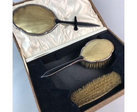 SILVER VESTA CASE, along with a vintage dressing table set in fitted case, Timex pocket watch on albert chain, a plated trink